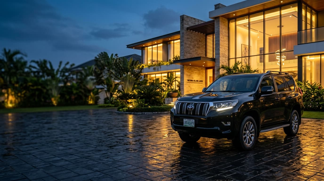 Black Toyota Land Cruiser Prado at a secluded contemporary arrival court
